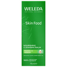 Weleda Skin Food Nourishing Cleansing Balm is in a Tall Green Box with white tex on a white background