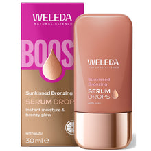 Showing Weleda Sn-Kissed Bronzing Serum Booster Drops packaged in a brown and gold  tube and box on a white background