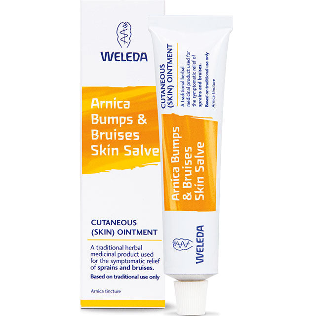 Weleda Arnica Bumps and Bruises Skin Salve is in a tube with screw top lid in a box