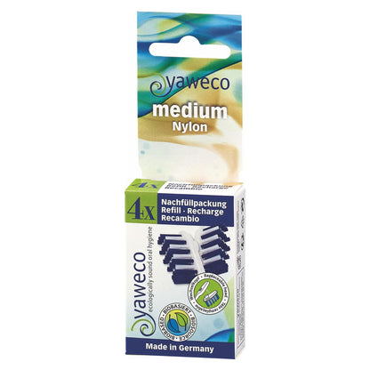 Yaweco bio-based medium nylon toothbrush heads refill packaging on a white background