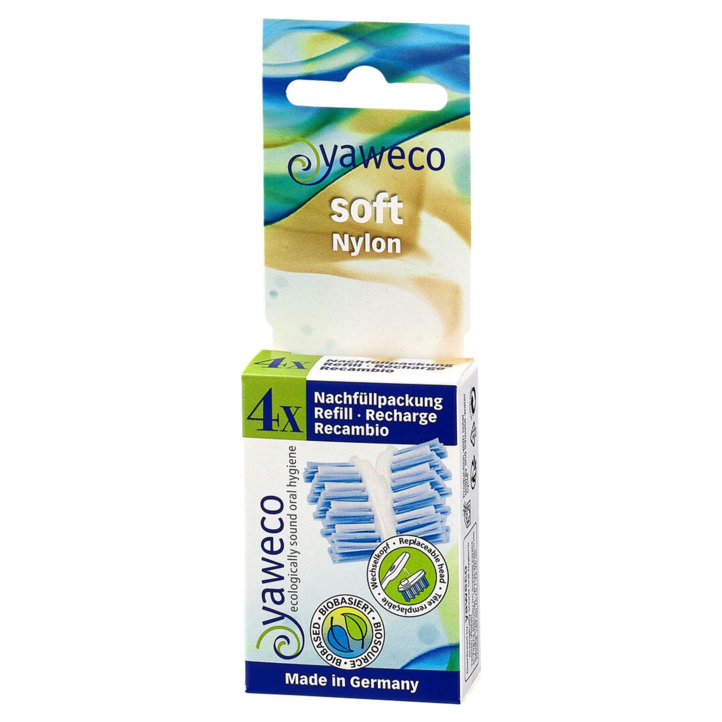 Yaweco bio-based replaceable toothbrush heads soft nylon packaging on white background