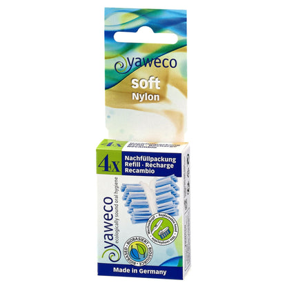 Yaweco bio-based replaceable toothbrush heads soft nylon packaging on white background