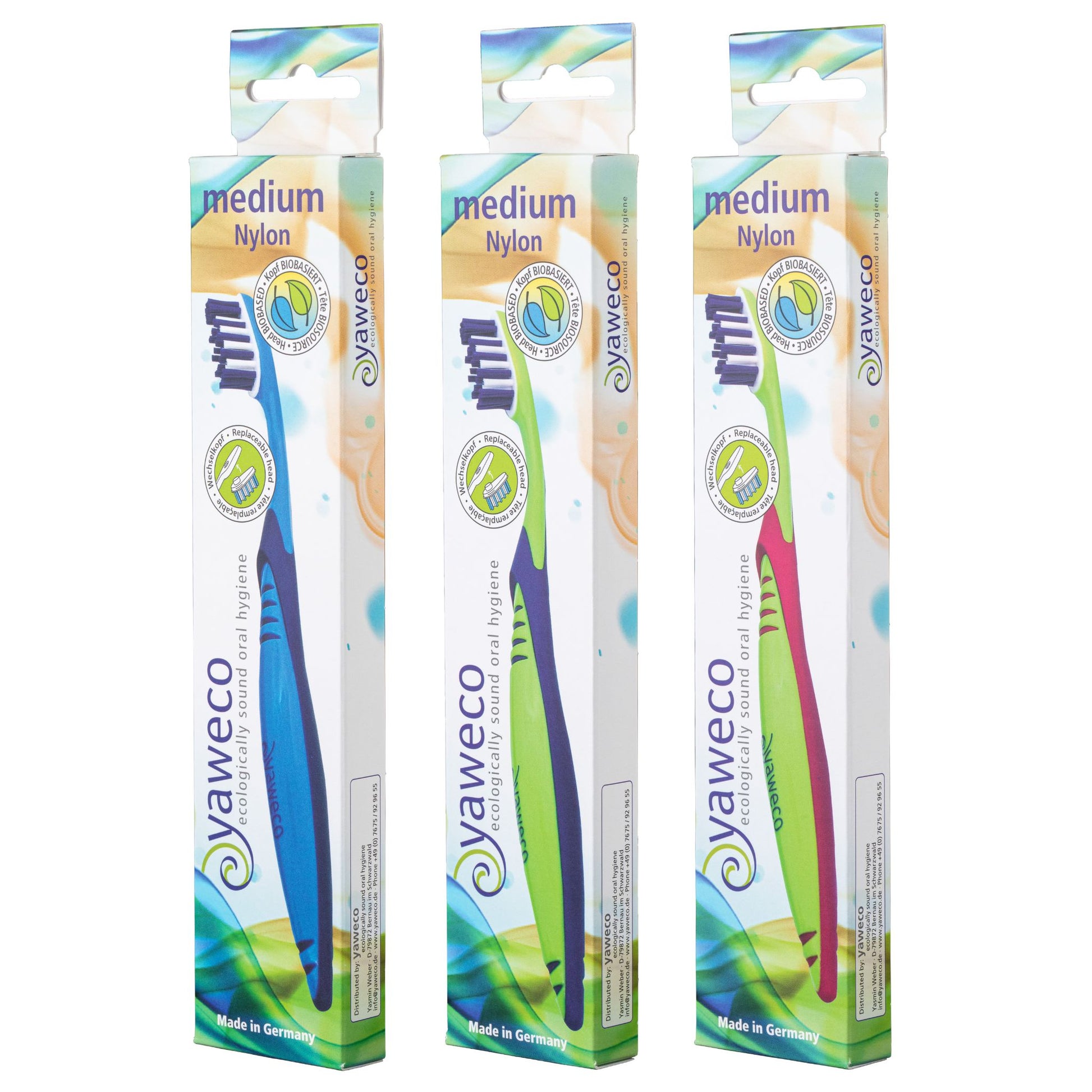 Three packages of Yaweco toothbrushes with nylon medium bristle on a white background