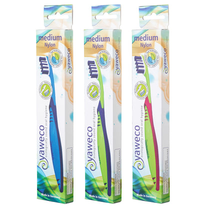 Three packages of Yaweco toothbrushes with nylon medium bristle on a white background