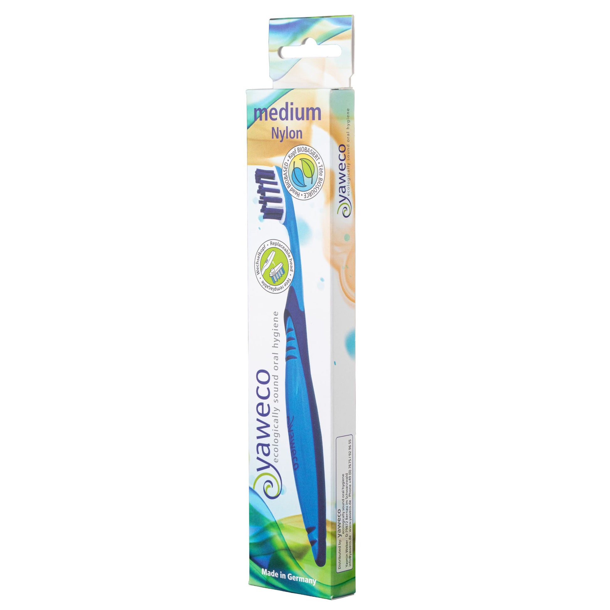 Yaweco bio-based medium nylon toothbrush packaging on a white background
