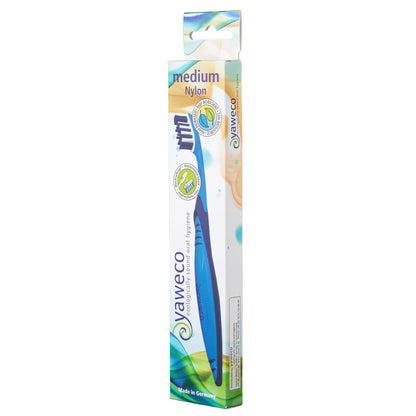 Yaweco bio-based medium nylon toothbrush packaging on a white background