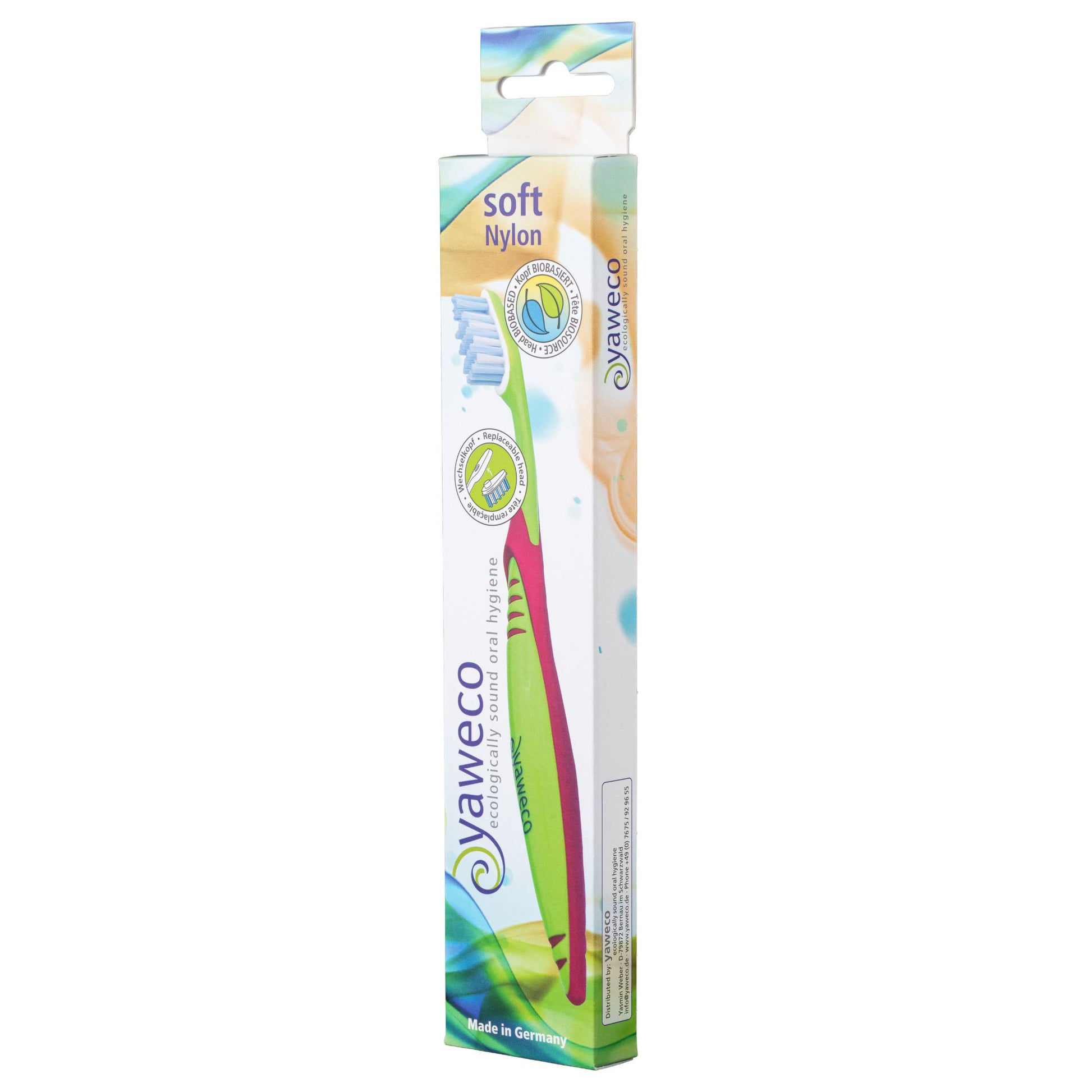 Yaweco bio-based toothbrush soft nylon packaging on a white background