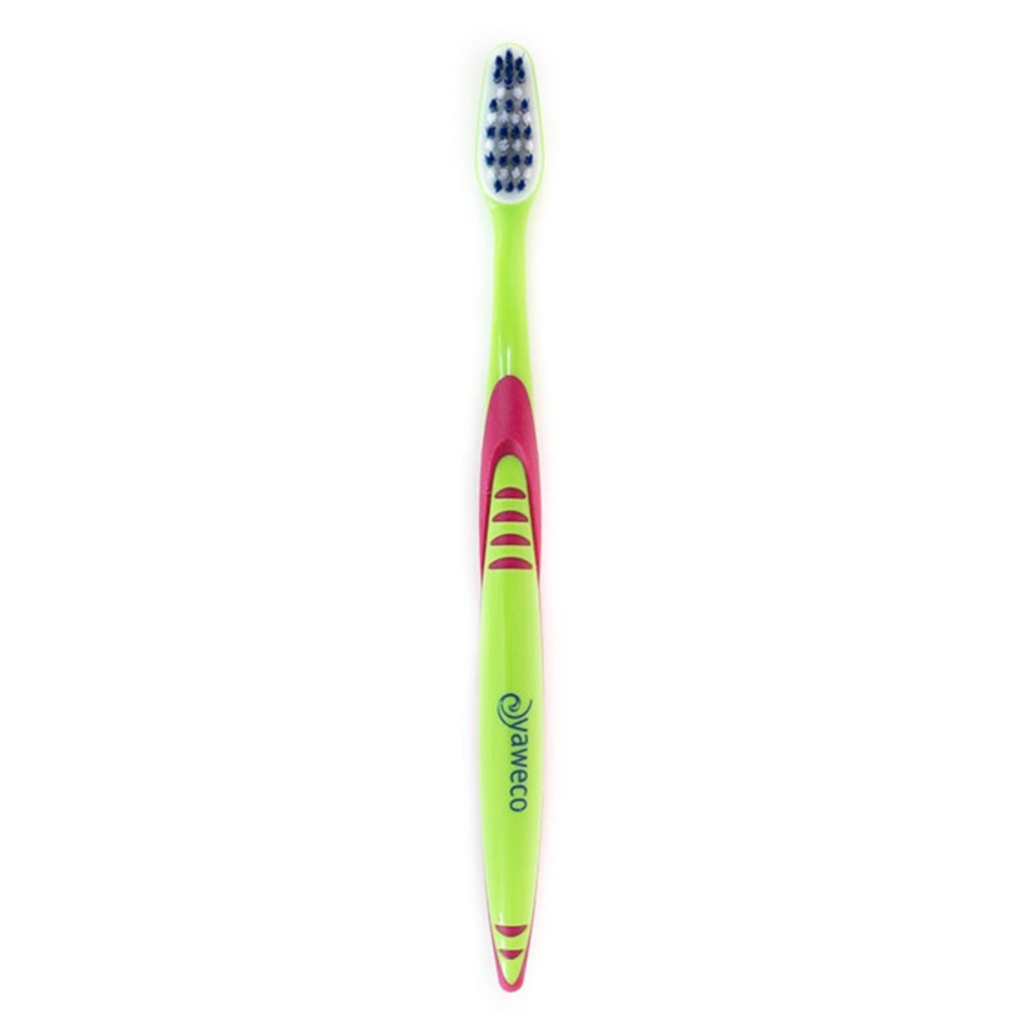 Green yaweco bio-based toothbrush with pink handle on a white background