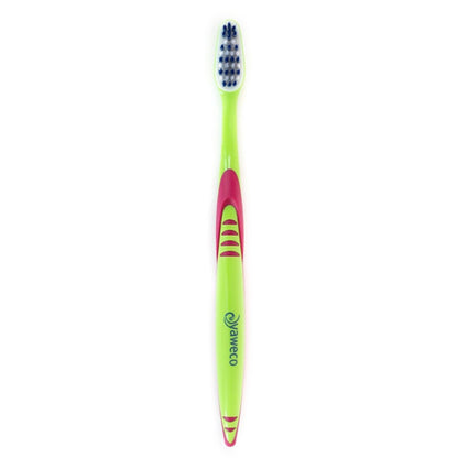 Green yaweco bio-based toothbrush with pink handle on a white background