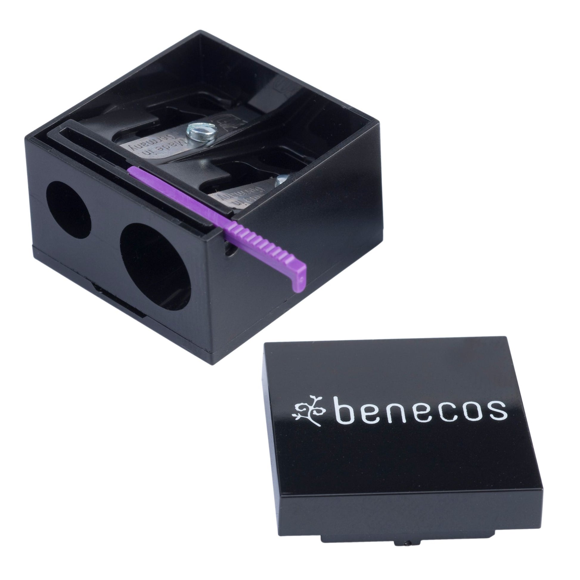 Benecos black make up pencil sharpener for two different size pencil, open