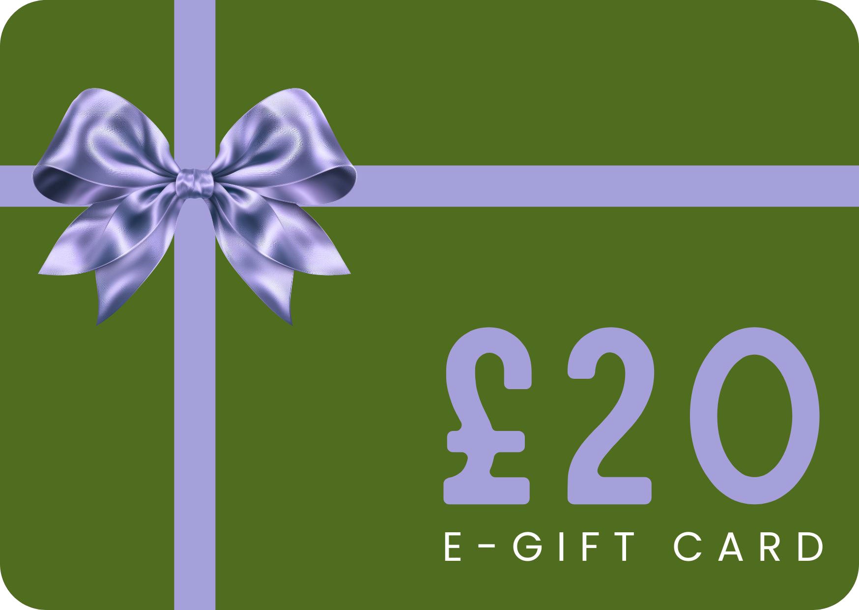 Green e-gift card with a purple bow and £20 value on a green background