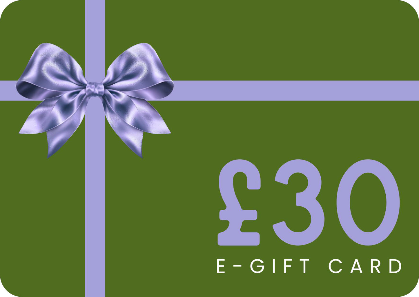 Green e-gift card with a purple bow and £30 value on a green background