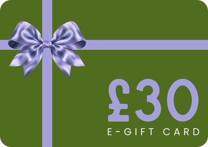 Green e-gift card with a purple bow and £30 value on a green background