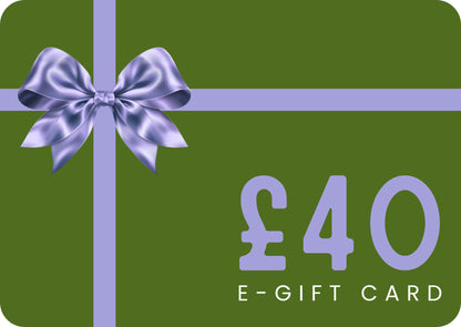 Green e-gift card with a purple bow and £40 value on a green background
