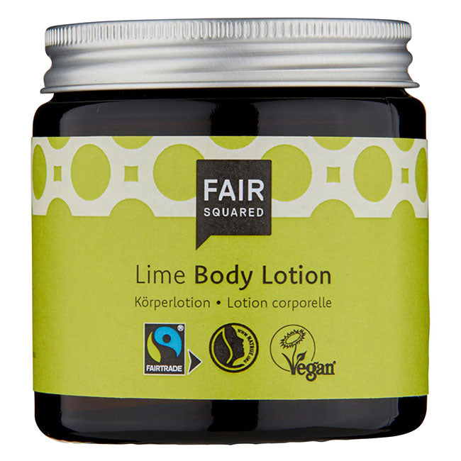 Fair Squared ime Body Lotion is in a plastic free, zero waste recyclable brown glass jar.