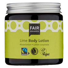 Fair Squared ime Body Lotion is in a plastic free, zero waste recyclable brown glass jar.