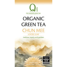Tea package for Qi Organic Green Tea Chun Mee with a scenic design on a white background