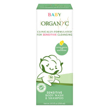 Organic baby body wash and shampoo packaging on a white background