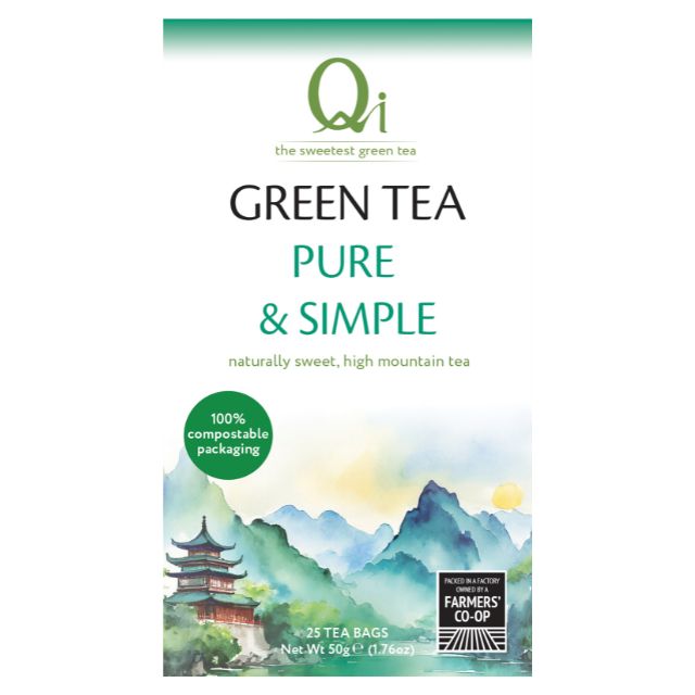 Qi Green Tea packaging with mountain and temple design on a white background