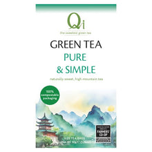 Qi Green Tea packaging with mountain and temple design on a white background