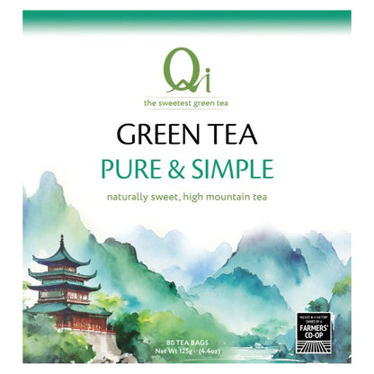 Qi Green Tea package with mountain and pagoda design on a white background