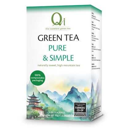 Box of Qi Green Tea with scenic design on a white background