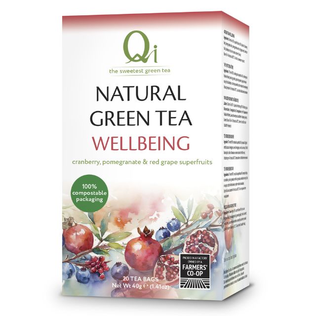 Box of Qi Natural Green Tea Wellbeing with fruit illustrations on a white background