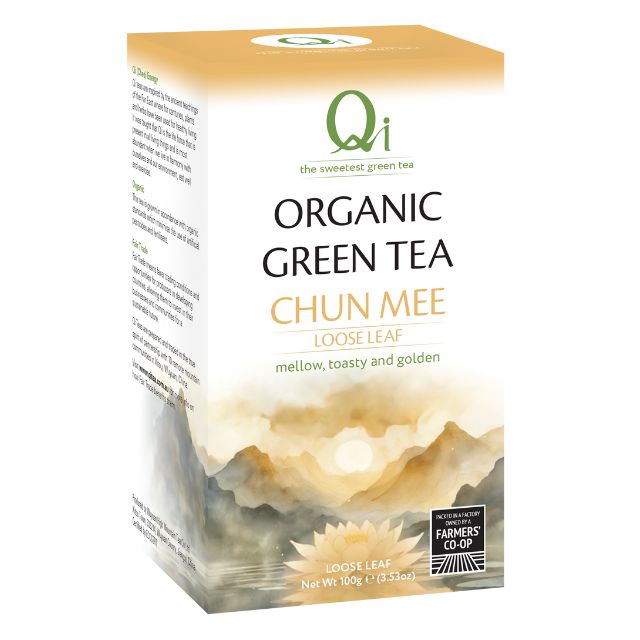 Tea package for Qi Organic Green Tea Chun Mee loose leaf with a scenic design on a white background