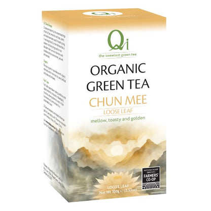 Tea package for Qi Organic Green Tea Chun Mee loose leaf with a scenic design on a white background