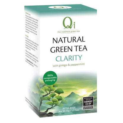 Box of Qi Natural Green Tea Clarity with scenic design on a white background
