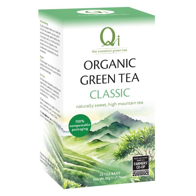 Box of Qi Organic Green Tea Classic on a white background