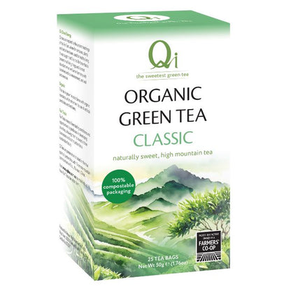 Box of Qi Organic Green Tea Classic on a white background