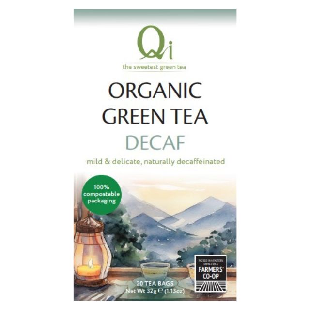 Box of Organic Green Tea Decaf with scenic illustration on a white background