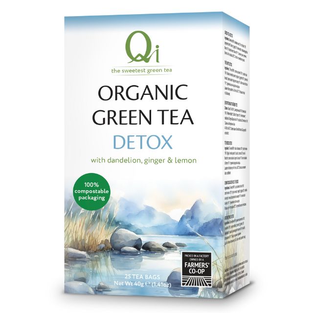 Box of Qi Organic Green Tea Detox with nature-themed design on a white background
