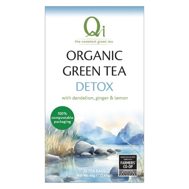Qi Organic Green Tea Detox package with scenic design on a white background