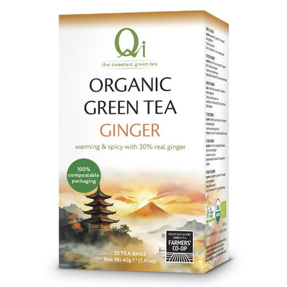 Box of Qi Organic Green Tea Ginger on a white background