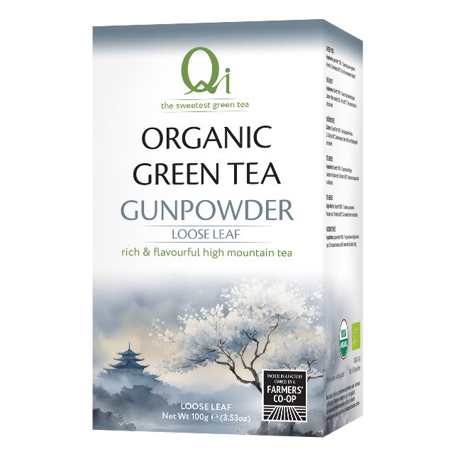 Box of Qi Organic Green Tea Gunpowder Loose Leaf on a white background