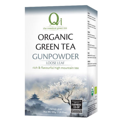 Box of Qi Organic Green Tea Gunpowder Loose Leaf on a white background