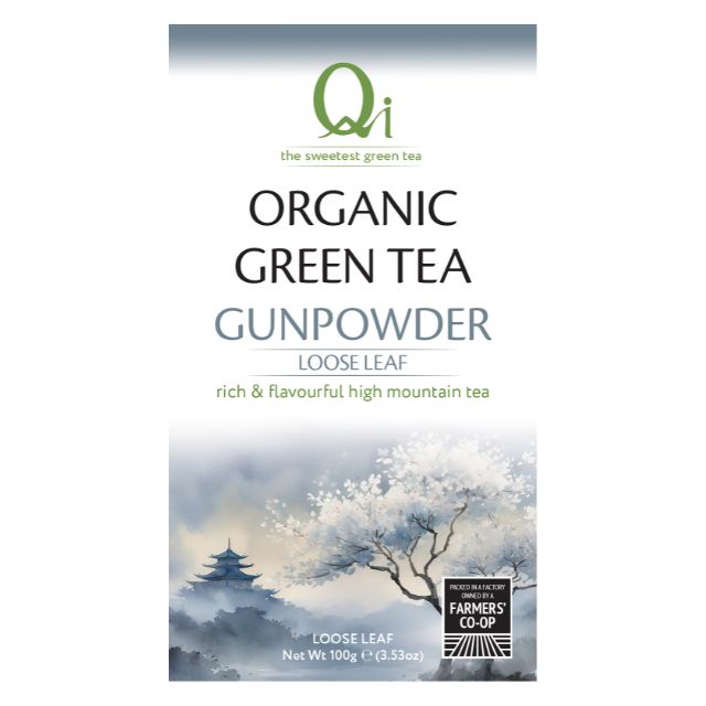 Package of Organic Green Tea Gunpowder Loose Leaf with scenic design and branding.