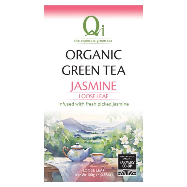 Tea box packaging for Qi Organic Green Tea Jasmine with scenic illustration