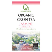 Tea box packaging for Qi Organic Green Tea Jasmine with scenic illustration