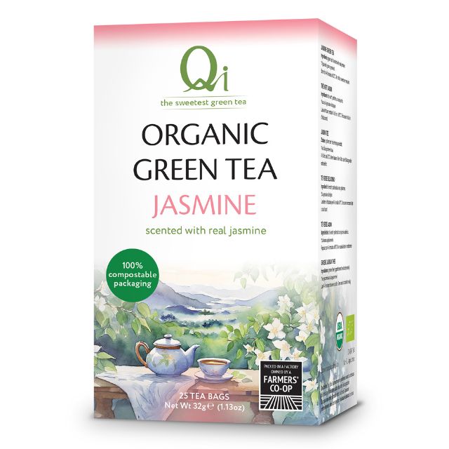 Box of Qi Organic Green Tea Jasmine on a white background