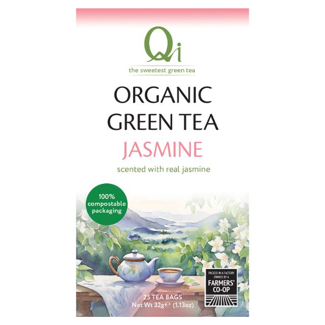 Qi Organic Green Tea Jasmine package with scenic illustration on a white background