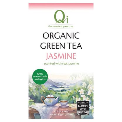 Qi Organic Green Tea Jasmine package with scenic illustration on a white background