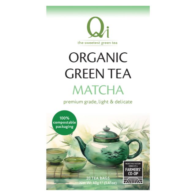 Packaging of Organic Green Tea Matcha with a teapot and cups on a white background
