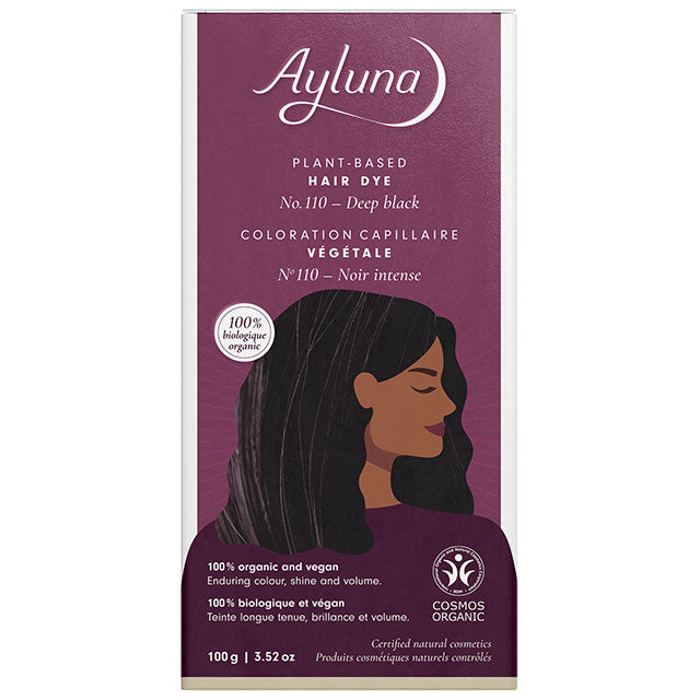 Ayluna Plant Based Hair Dye Deep Black No.110 is in a packet inside a box.