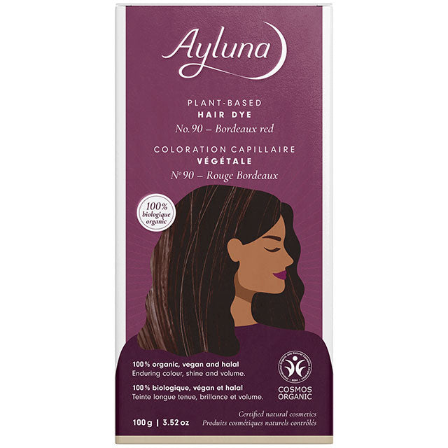 Ayluna Plant Based Hair Dye Bordeaux Red is in a packet inside the box