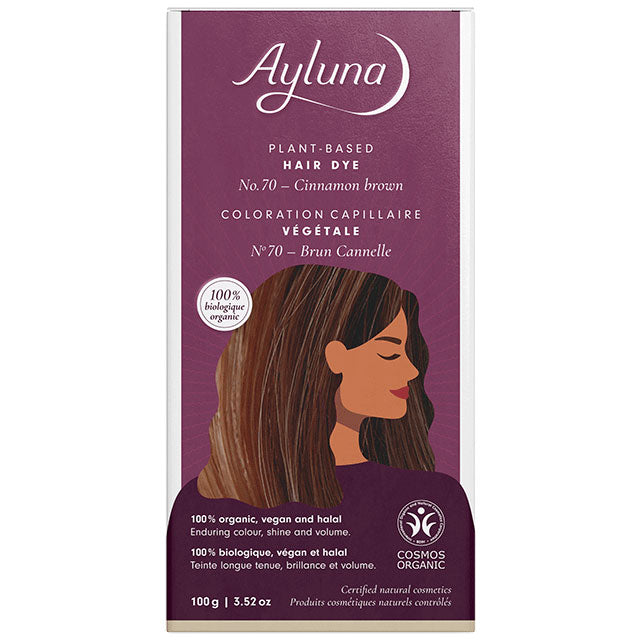 Ayluna Plant Based Hair Dye Cinnamon Brown No.70 is in a packet inside a box 