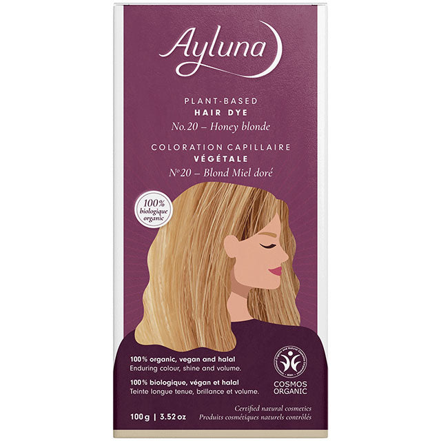Ayuna Plant Based Hair Dye Honey Blonde No. 20 is a packet in a box 