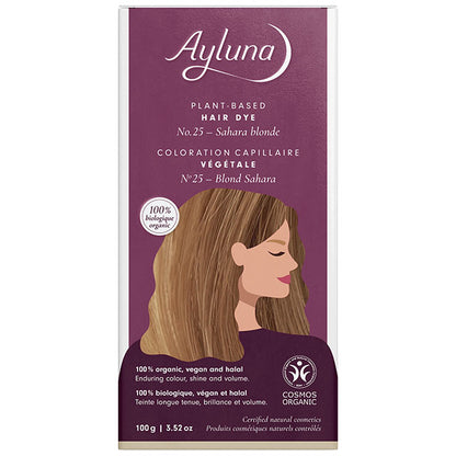 Ayluna Plant Based hair De Sahara Blonde No. 25 is in  a packet in a box.